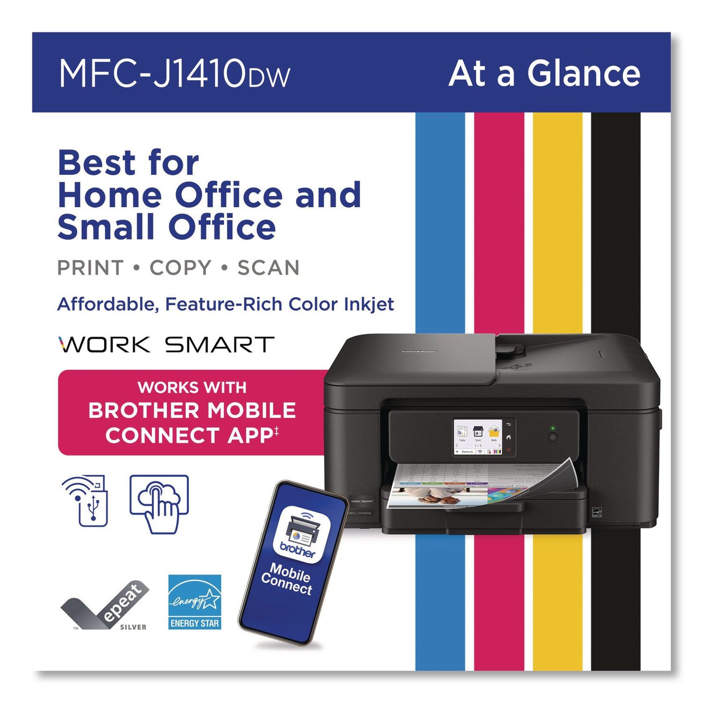 Brother MFCJ1410DW Work Smart 1410 Wireless Color Inkjet AIO Printer, Copy/Print/Scan (BRTMFCJ1410DW)