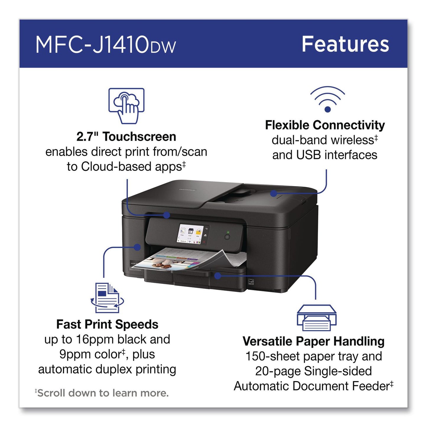 Brother MFCJ1410DW Work Smart 1410 Wireless Color Inkjet AIO Printer, Copy/Print/Scan (BRTMFCJ1410DW)