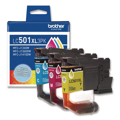 Brother LC501XL3PKS High-Yield Ink, 500 Page-Yield, Cyan/Magenta/Yellow, 3/Pack (BRTLC501XL3PKS)