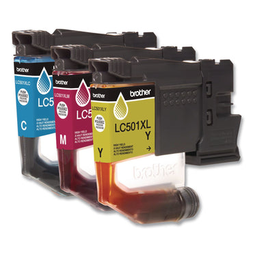 Brother LC501XL3PKS High-Yield Ink, 500 Page-Yield, Cyan/Magenta/Yellow, 3/Pack (BRTLC501XL3PKS)