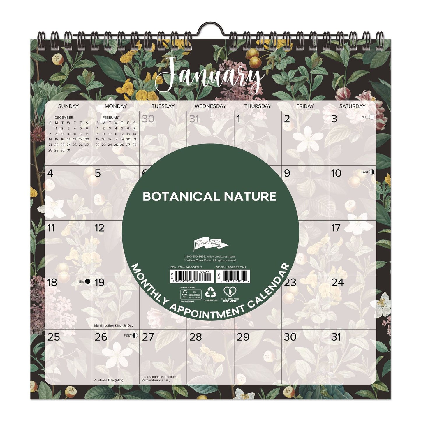 Willow Creek Press Botanical Nature 2026 Spiral Wall Calendar, Botanic Artwork, 12 x 12, Multicolor Sheets, 12-Month (Jan to Dec): 2026 (WPR54727)