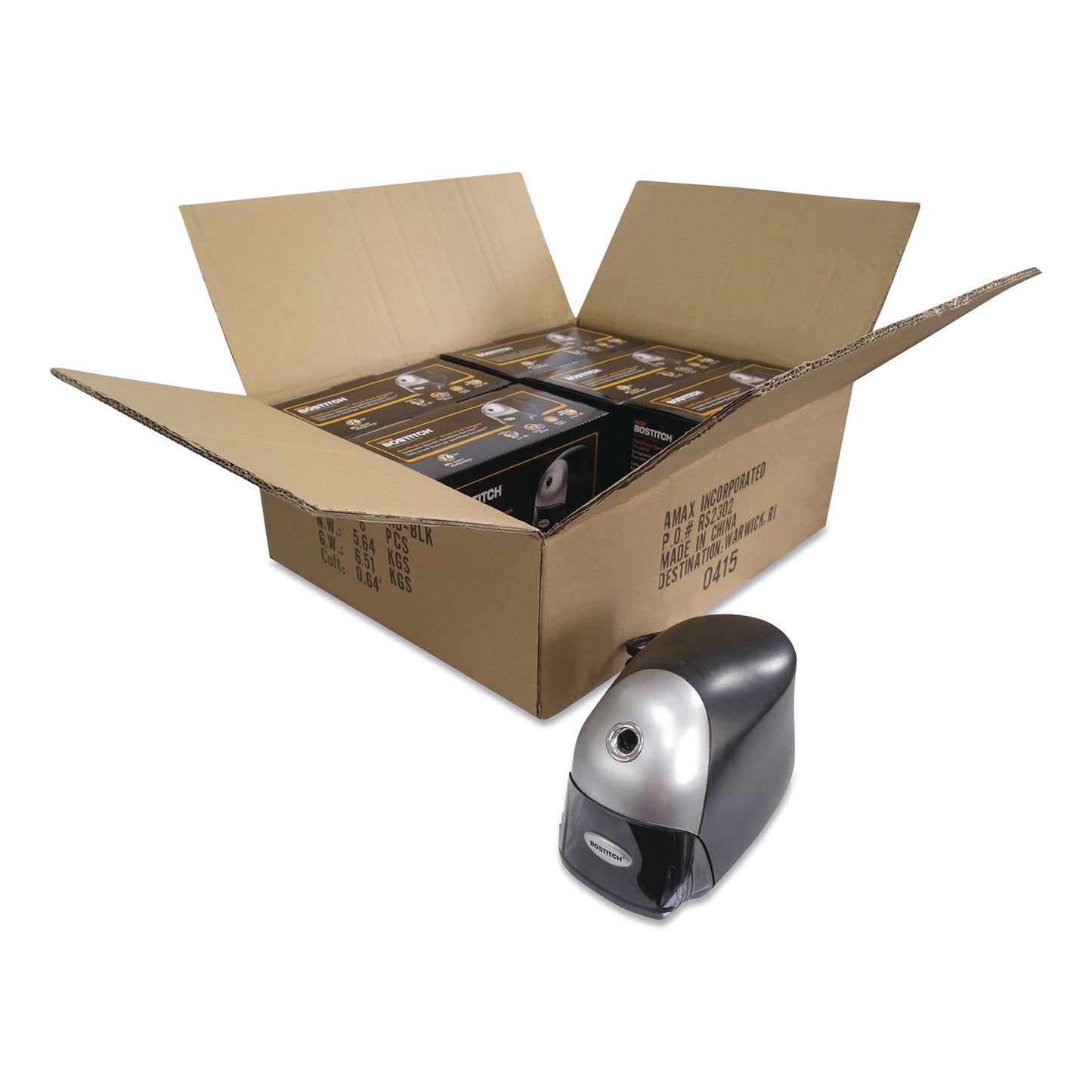 Bostitch® QuietSharp Executive Electric Pencil Sharpener, AC-Powered, 4 x 7.5 x 5.13, Black/Silver, 6/Carton (ACIEPS8HDBLKCT)