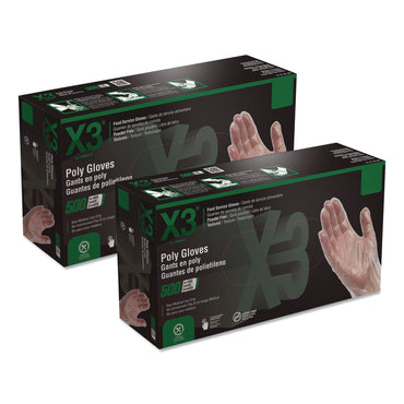 X3® by AMMEX® Polyethylene Food Safe Industrial Gloves, Powder-Free, Large, Clear, 500/Box, 20 Boxes/Carton (AXCPGLOVEL500XX)