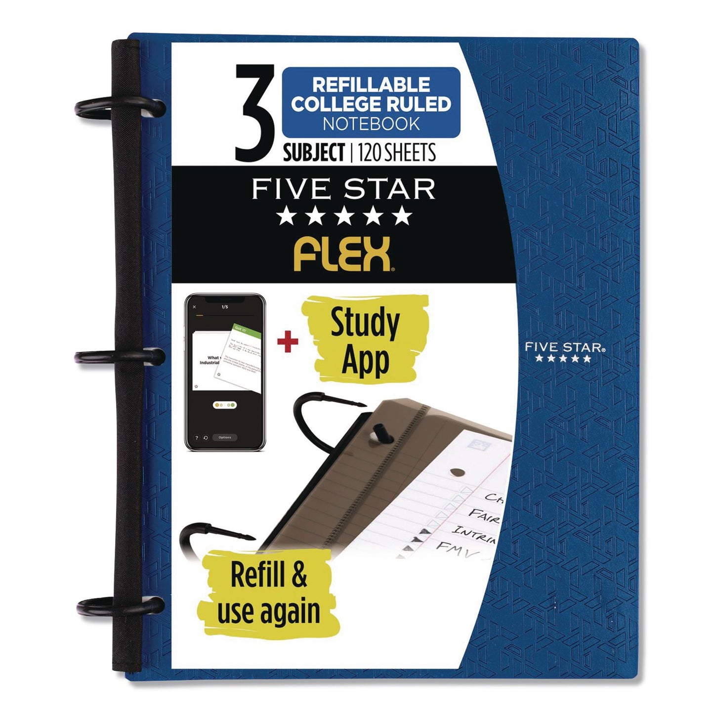 Five Star® FLEX Notebinder, 1" TechLock Rings, 3-Subject, Medium/College Rule, Randomly Assorted Cover Colors, (120) 11 x 8.5 Sheets (ACC08126)