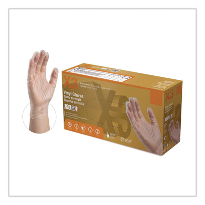 X3® by AMMEX® Industrial Vinyl Gloves, Powder-Free, Medium, 3 mil Thick, 9.5" Long, Clear, 100/Box (AXCGPX344100)