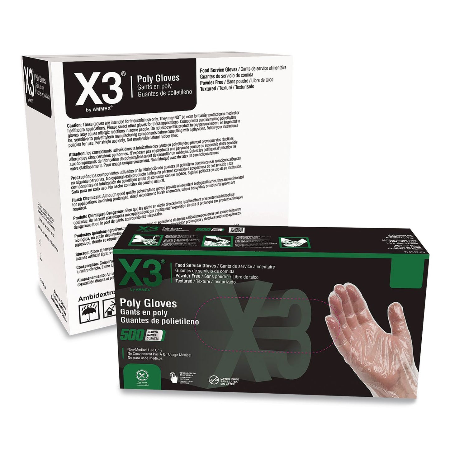 X3® by AMMEX® Polyethylene Food Safe Industrial Gloves, Powder-Free, Large, Clear, 500/Box, 20 Boxes/Carton (AXCPGLOVEL500XX)