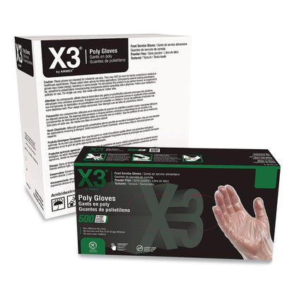 X3® by AMMEX® Polyethylene Food Safe Industrial Gloves, Powder-Free, Large, Clear, 500/Box, 20 Boxes/Carton (AXCPGLOVEL500XX)