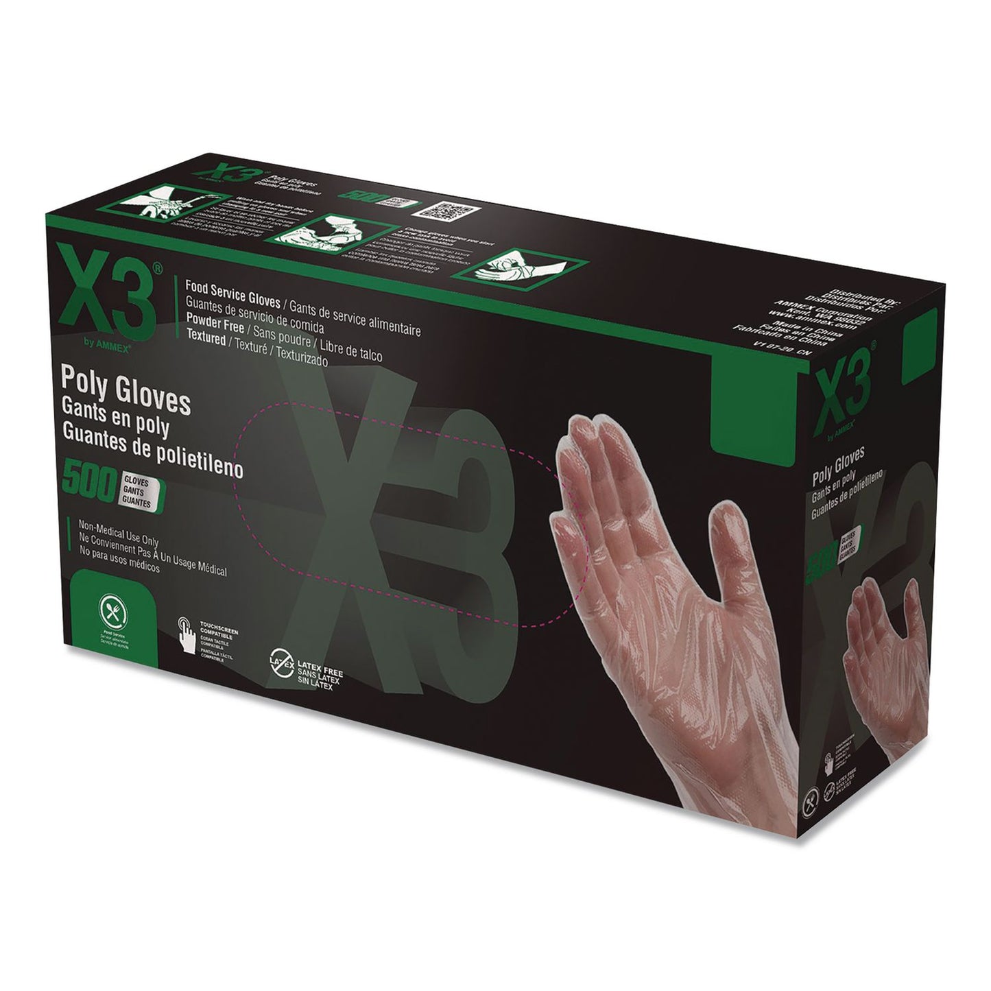 X3® by AMMEX® Polyethylene Food Safe Industrial Gloves, Powder-Free, Large, Clear, 500/Box, 20 Boxes/Carton (AXCPGLOVEL500XX)
