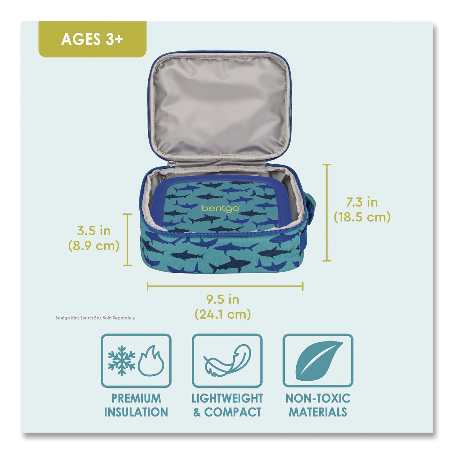 bentgo® Kids Insulated Lunch Tote, Sharks Theme, 7.3" x 3.5" x 9.5", Turquoise/Blue (BEODBGSHK)