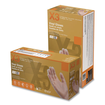 X3® by AMMEX® Industrial Vinyl Gloves, Powder-Free, X-Large, 3 mil Thick, 9.5" Long, Clear, 100/Box (AXCGPX348100)