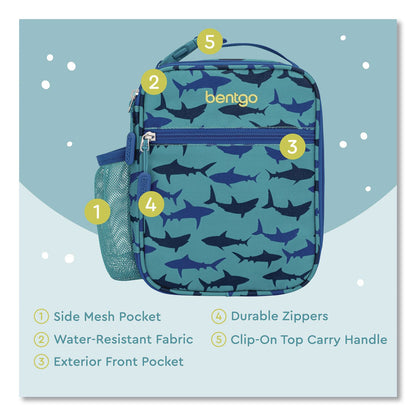 bentgo® Kids Insulated Lunch Tote, Sharks Theme, 7.3" x 3.5" x 9.5", Turquoise/Blue (BEODBGSHK)