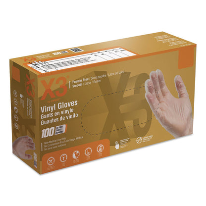 X3® by AMMEX® Industrial Vinyl Gloves, Powder-Free, Large, 3 mil Thick, 9.5" Long, Clear, 100/Box (AXCGPX346100)