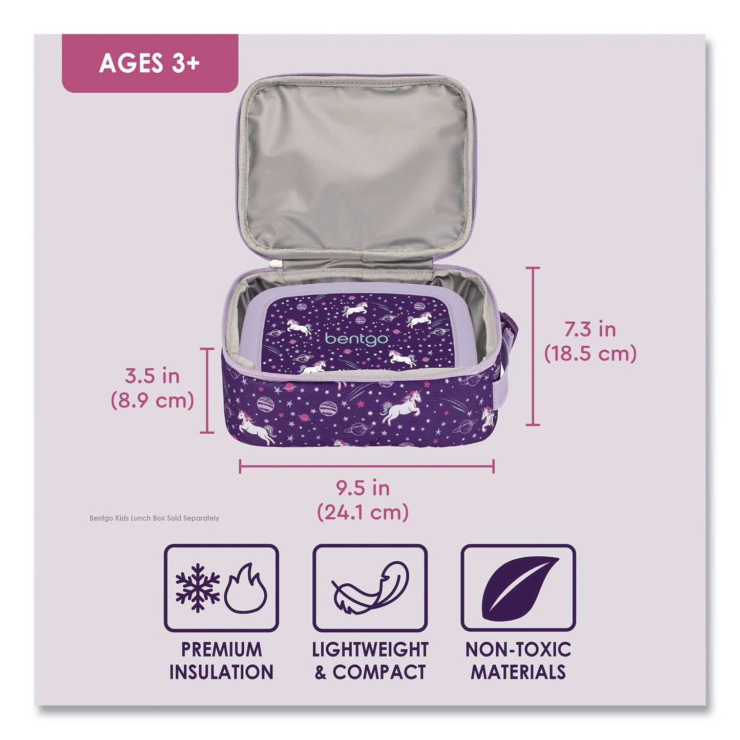 bentgo® Kids Insulated Lunch Tote, Unicorns Theme, 7.3" x 3.5" x 9.5", Purple/Multicolor (BEODBGUNI)
