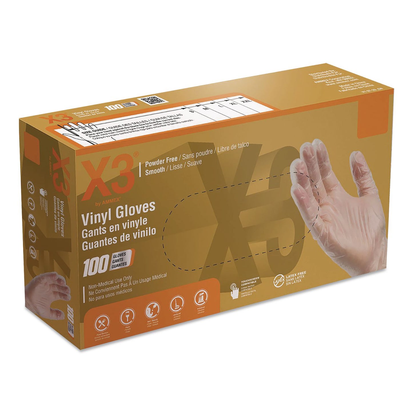 X3® by AMMEX® Industrial Vinyl Gloves, Powder-Free, Medium, 3 mil Thick, 9.5" Long, Clear, 100/Box (AXCGPX344100)