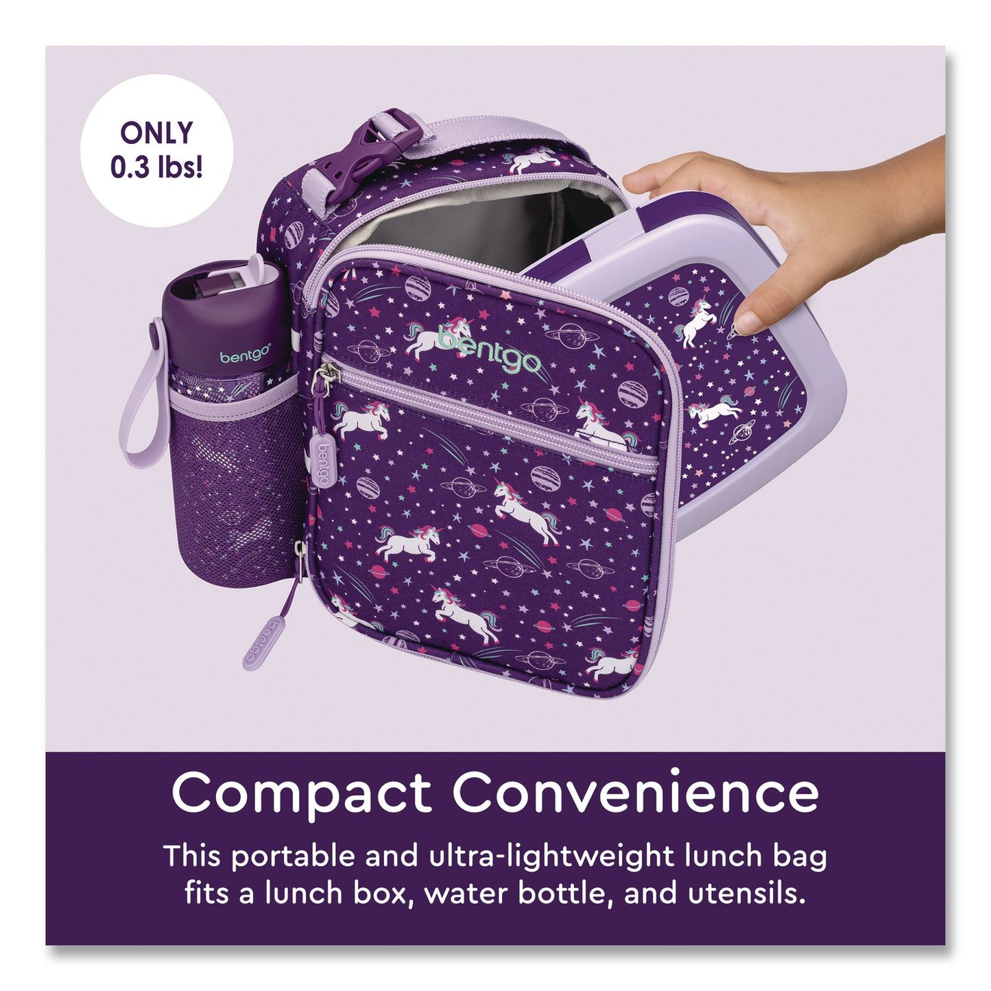 bentgo® Kids Insulated Lunch Tote, Unicorns Theme, 7.3" x 3.5" x 9.5", Purple/Multicolor (BEODBGUNI)
