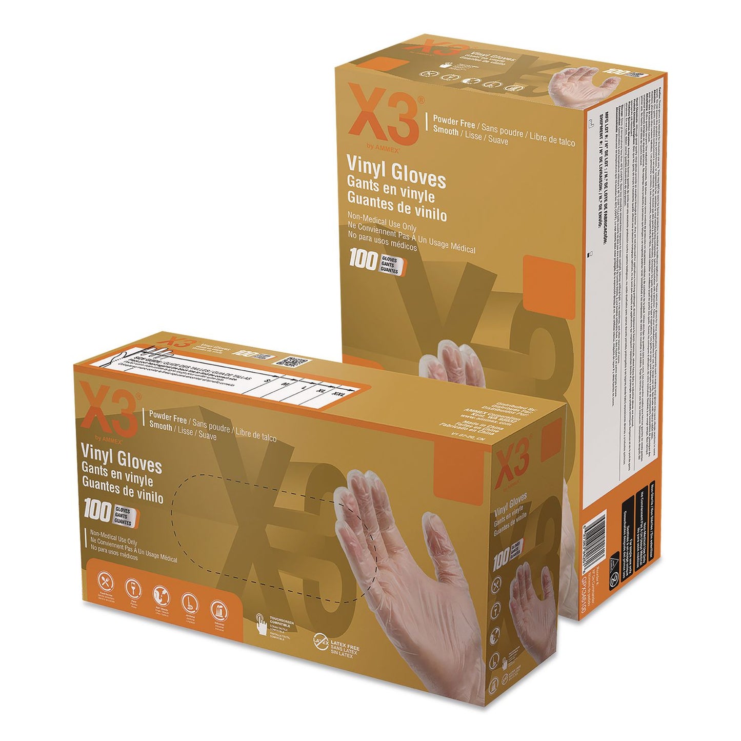 X3® by AMMEX® Industrial Vinyl Gloves, Powder-Free, Medium, 3 mil Thick, 9.5" Long, Clear, 100/Box (AXCGPX344100)