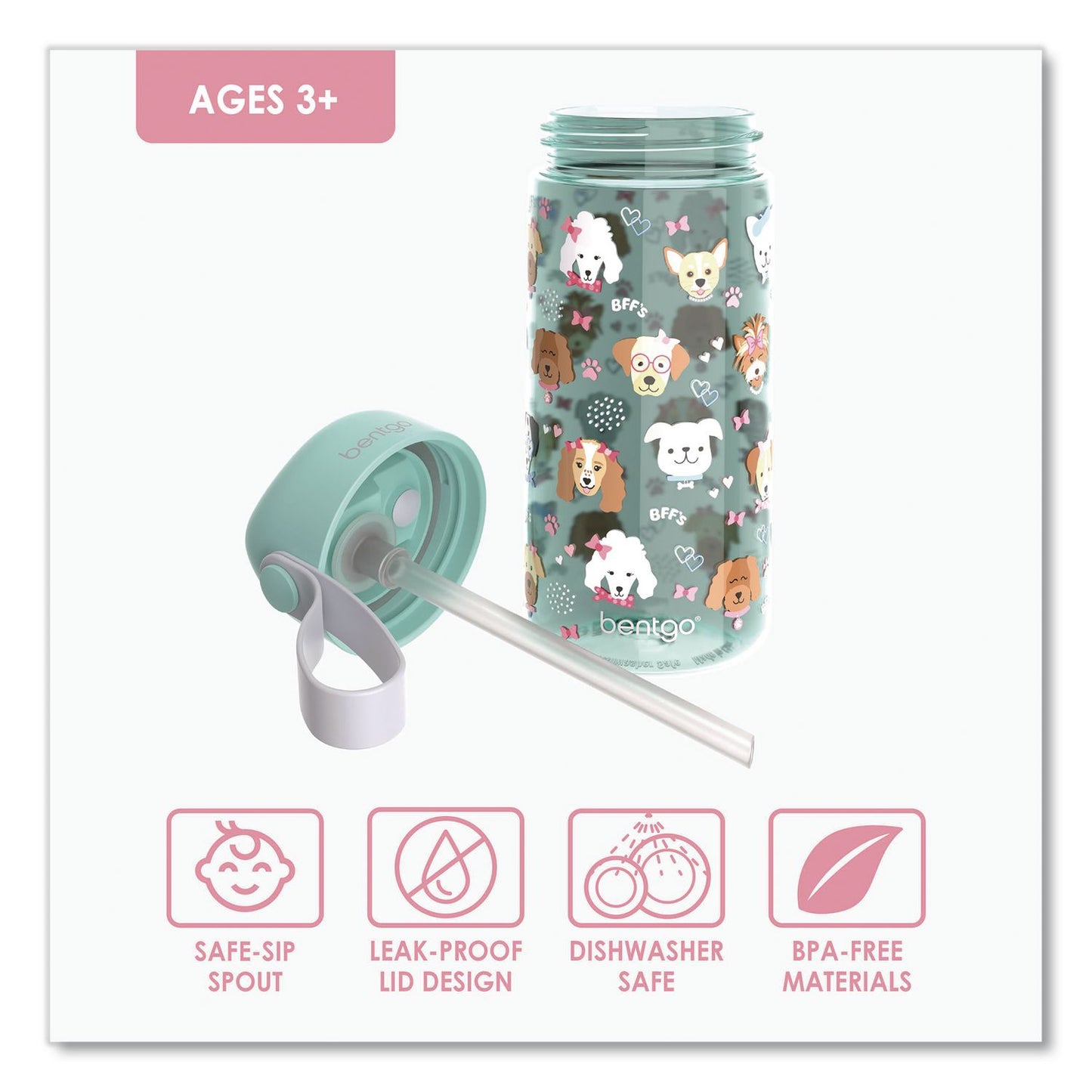 bentgo® Puppy Love Plastic Water Bottle, 15 oz, Multicolor (BEODWB1PPY)