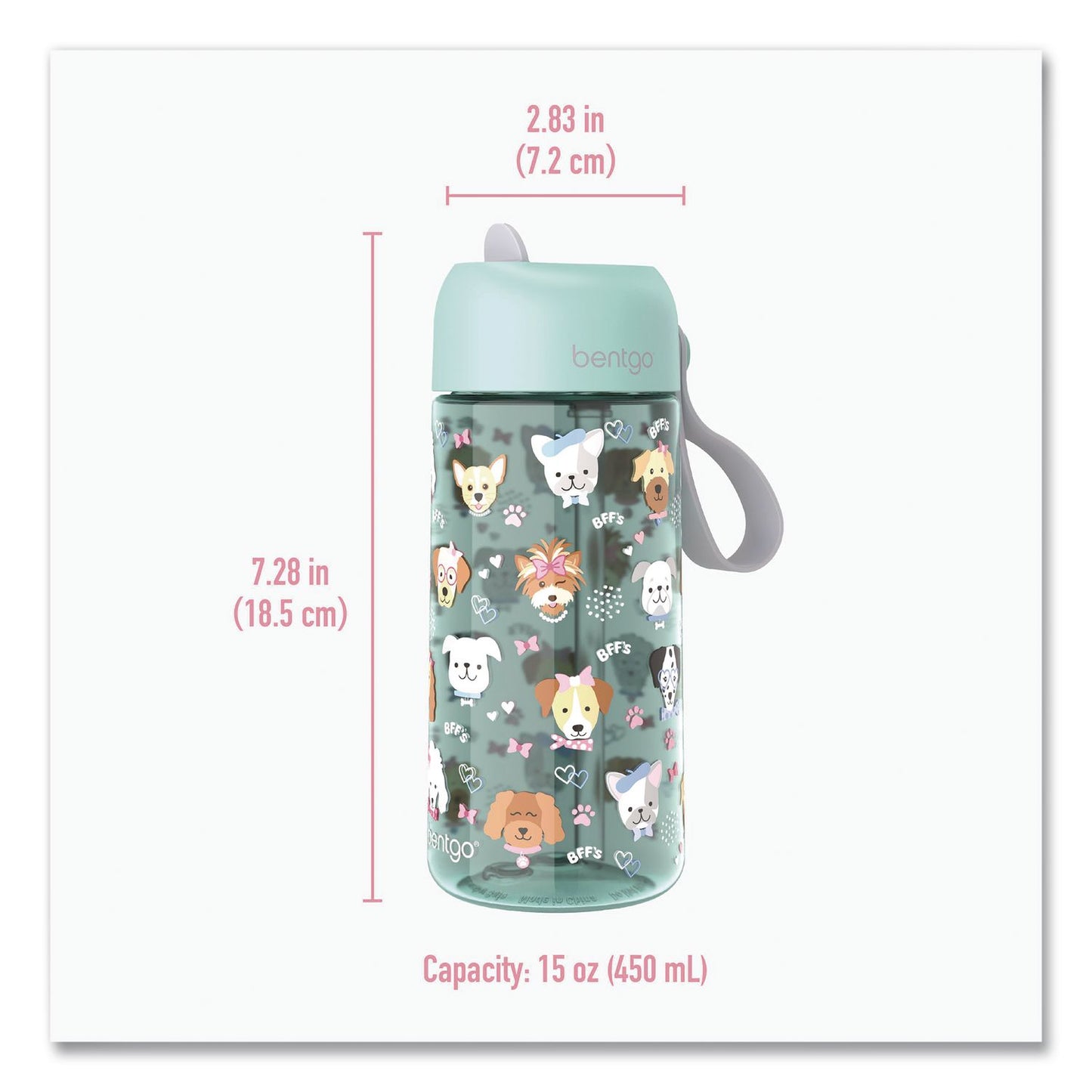 bentgo® Puppy Love Plastic Water Bottle, 15 oz, Multicolor (BEODWB1PPY)