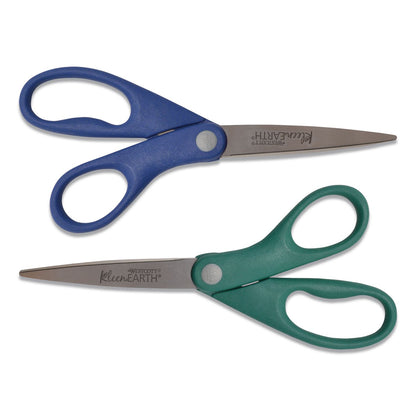 Westcott® KleenEarth Rice Husk Scissors, Pointed Tip, 8" Long, Straight Blue/Green Handle, 2/Pack (ACM14882036)