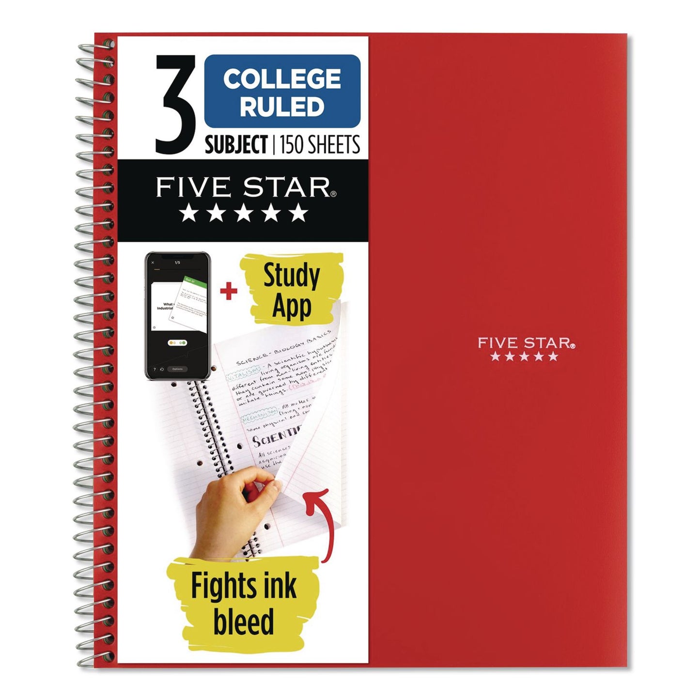 Five Star® Wirebound Notebook, 3-Subject, Medium/College Rule, Fire Red Cover, (150) 11 x 8.5 Sheets (ACC72065)