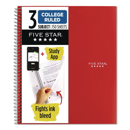 Five Star® Wirebound Notebook, 3-Subject, Medium/College Rule, Fire Red Cover, (150) 11 x 8.5 Sheets (ACC72065)