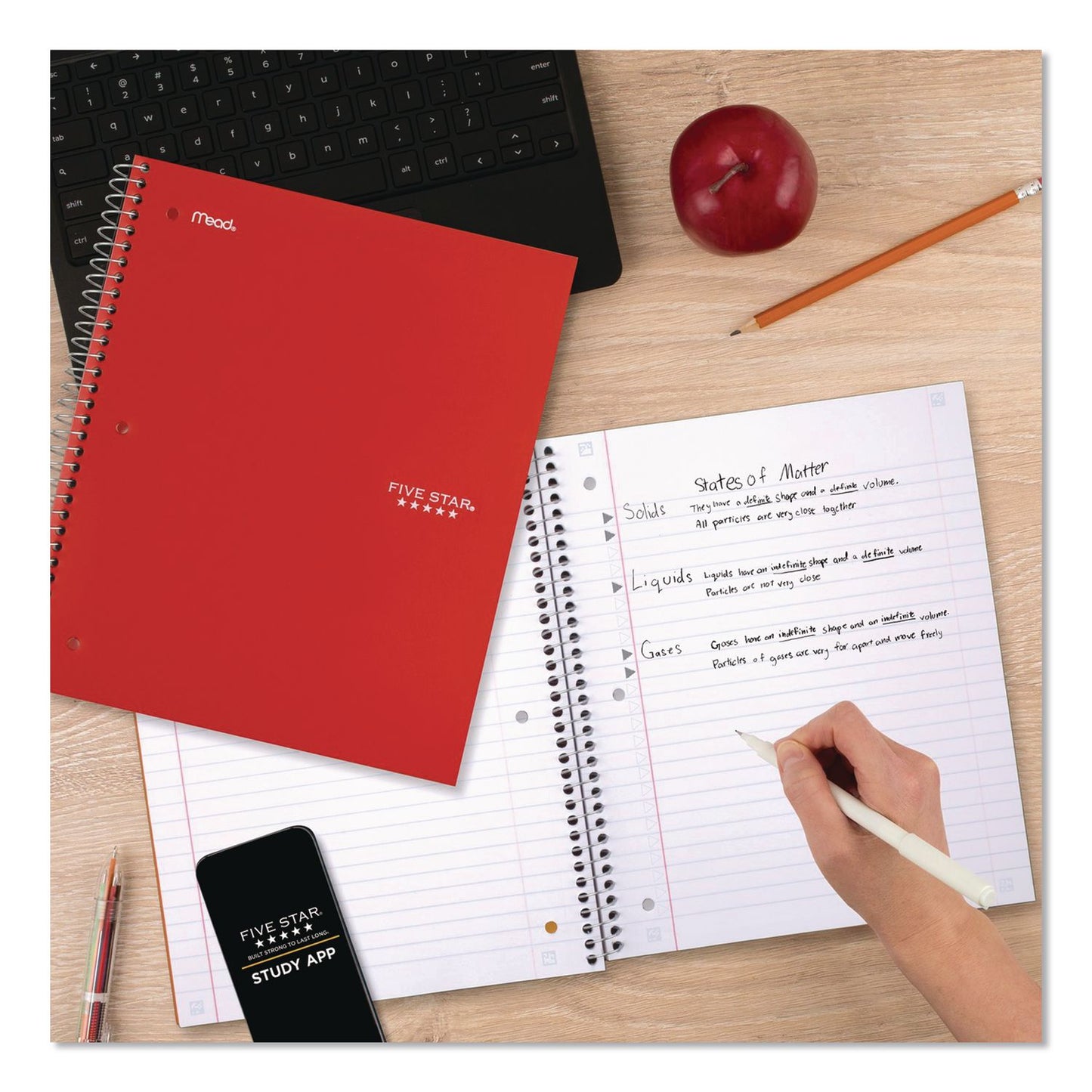 Five Star® Wirebound Notebook, 3-Subject, Medium/College Rule, Fire Red Cover, (150) 11 x 8.5 Sheets (ACC72065)