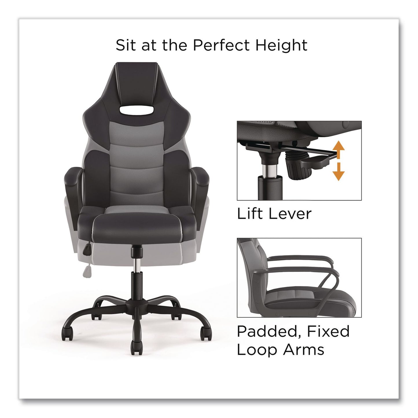 Emerge™ Vector Luxura Faux Leather Gaming Chair, Supports Up to 275 lbs, Black/Gray Seat, Black/Gray Back, Black Base (EEM61108)