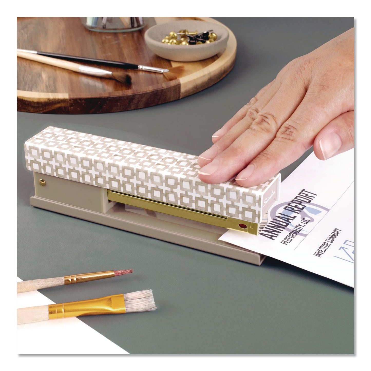 Swingline® Leah Bisch Tan-Tile Full Strip Stapler, 20-Sheet Capacity, Tan/Gold/White (GBCS700035)
