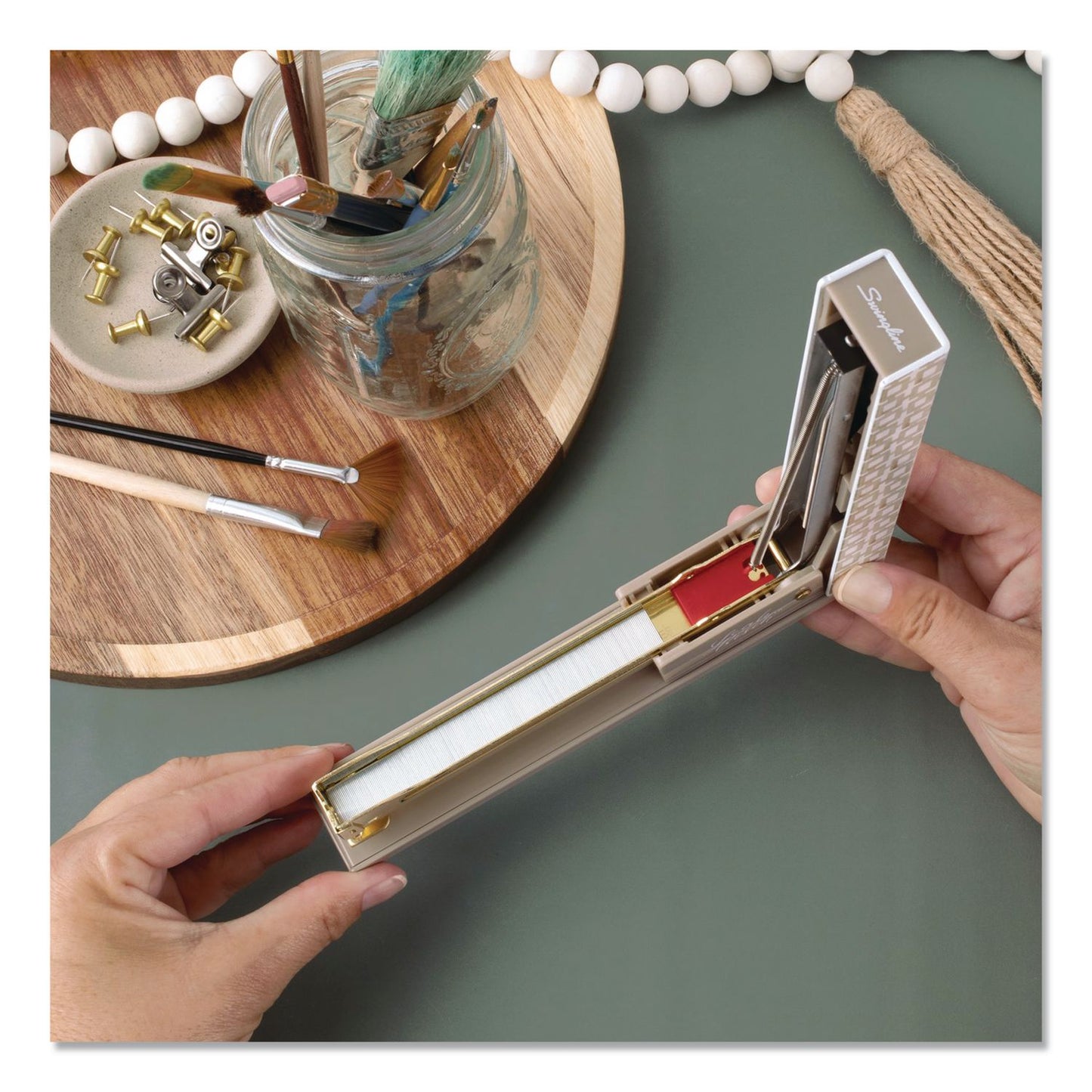 Swingline® Leah Bisch Tan-Tile Full Strip Stapler, 20-Sheet Capacity, Tan/Gold/White (GBCS700035)