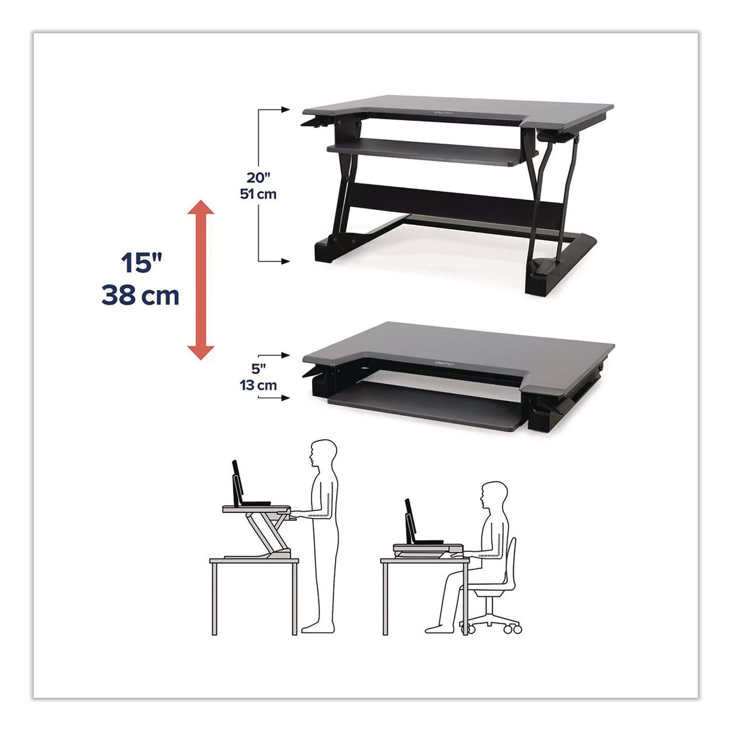 WorkFit™ by Ergotron® WorkFit-T Adjustable Standing Desk Converter, 35" x 23.3" x 5" to 20", Gray/Black (ERG33397085)