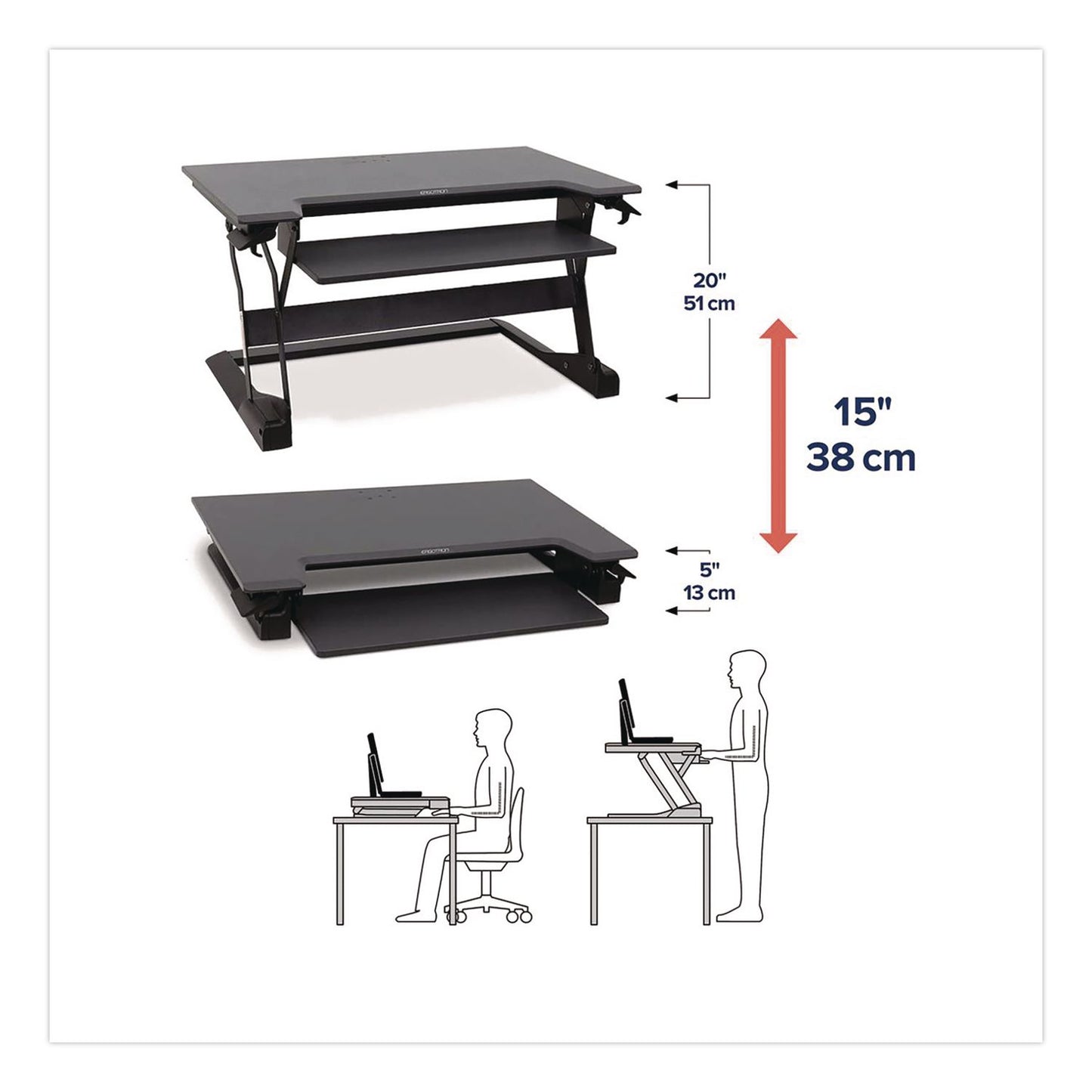 WorkFit™ by Ergotron® WorkFit-TL Adjustable Standing Desk Converter, 37.5" x 27" x 5" to 20", Dark Gray/Black (ERG33406085)