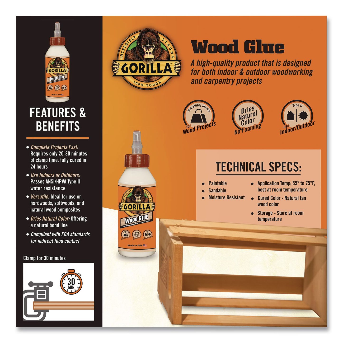Gorilla® Wood Glue, 8 oz, Dries Light Tan (GOR6200001)