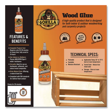 Gorilla® Wood Glue, 8 oz, Dries Light Tan (GOR6200001)