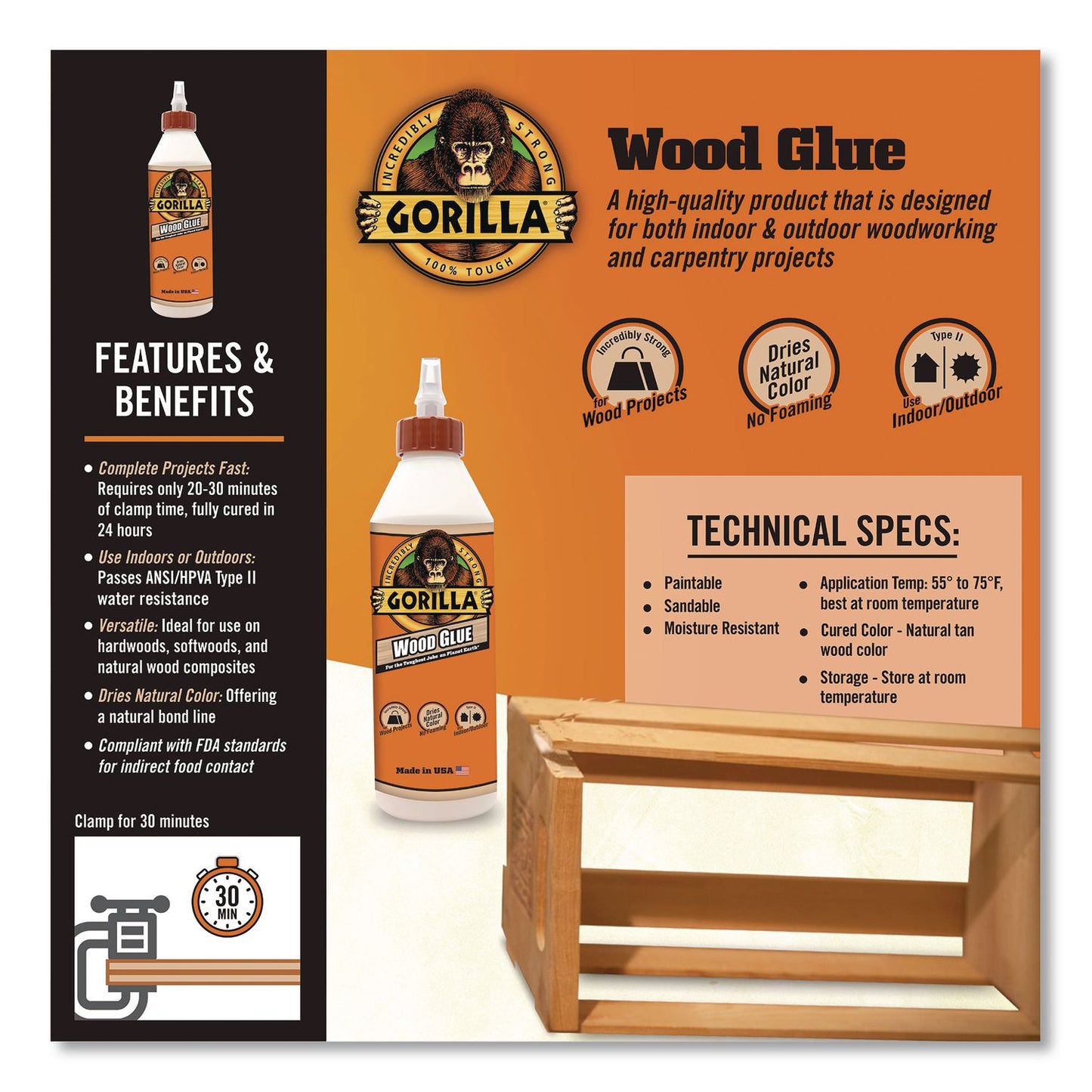 Gorilla® Wood Glue, 18 oz, Dries Light Tan (GOR6205001)