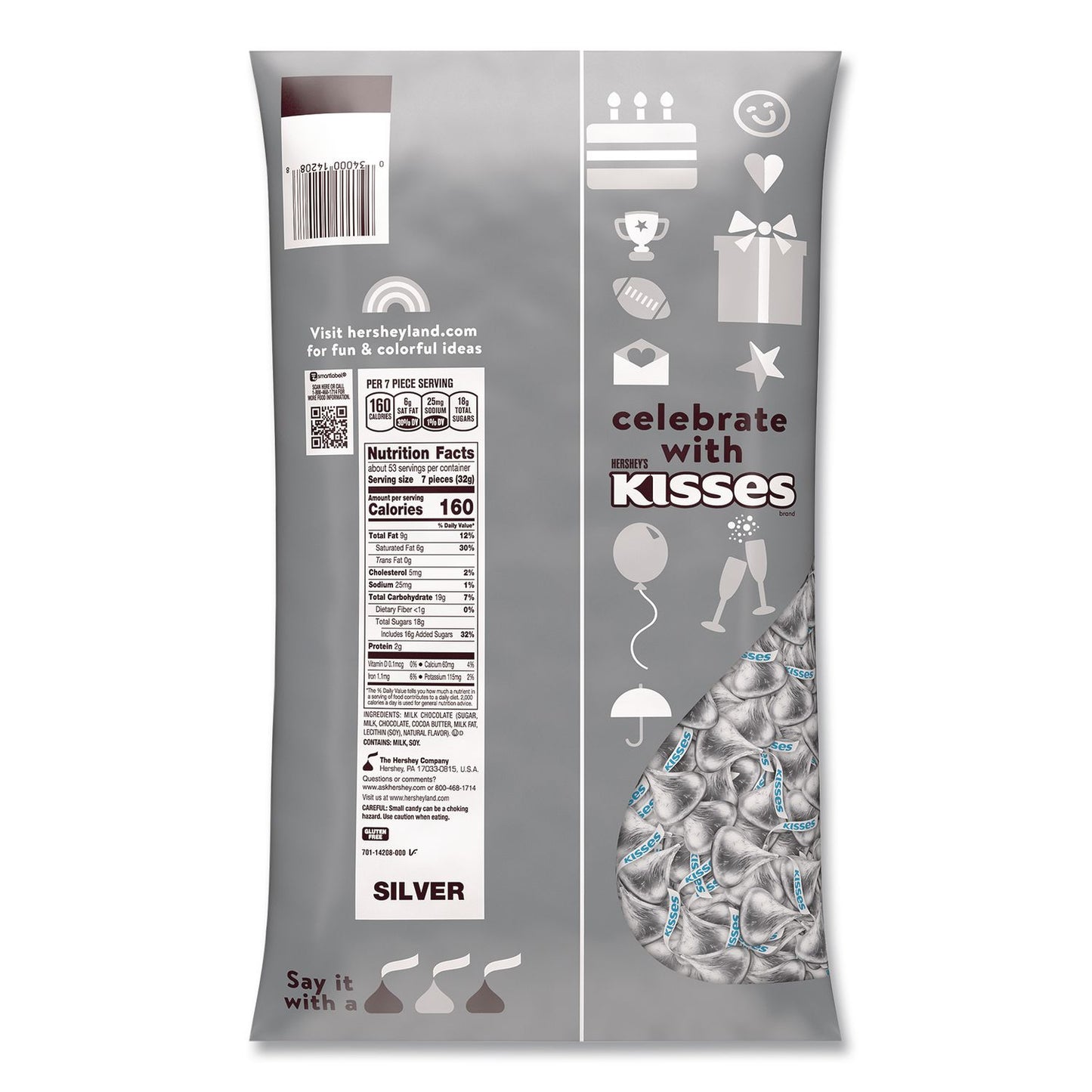 Hershey®'s KISSES Milk Chocolate Candy, Silver Foils, 60 oz Bag (HRSHEC33458)