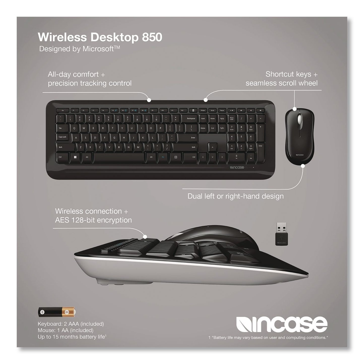 Incase Designed by Microsoft™ Wireless Desktop 850 Keyboard and Optical Mouse Combo, 2.4 GHz Frequency/15 ft Wireless Range, Black (ICAPY900001)