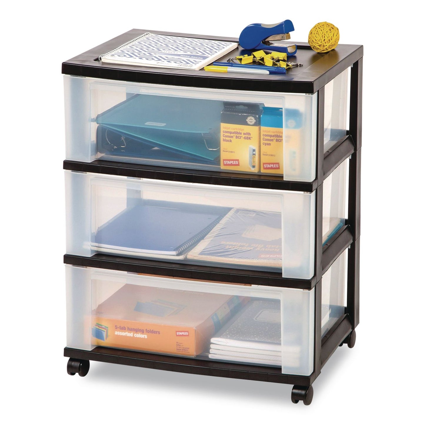 IRIS Three-Drawer Durable Storage Cart, Plastic, 22 x 15.69 x 25.48, Clear/Black (IRS270012)
