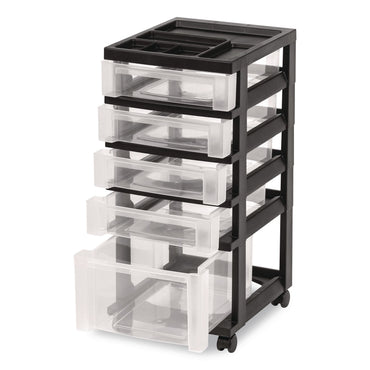 IRIS Five-Drawer Rolling Cart with Organizer Top, Plastic, 12.13 x 14.38 x 26.38, Clear/Black (IRS270015116865)