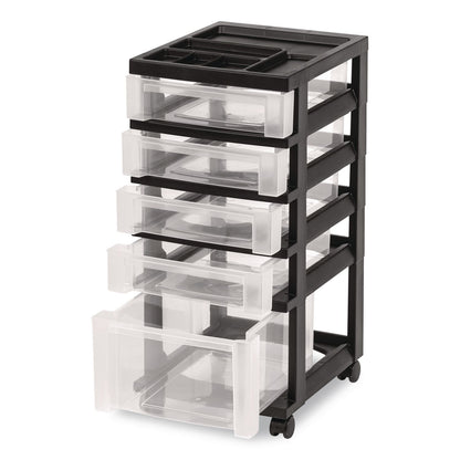 IRIS Five-Drawer Rolling Cart with Organizer Top, Plastic, 12.13 x 14.38 x 26.38, Clear/Black (IRS270015116865)