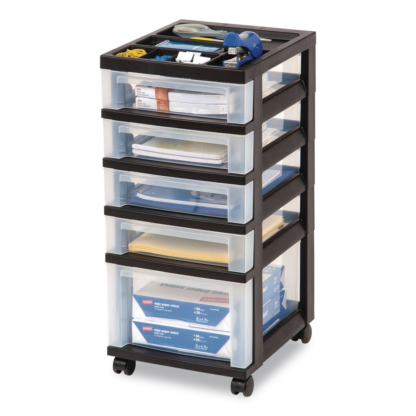 IRIS Five-Drawer Rolling Cart with Organizer Top, Plastic, 12.13 x 14.38 x 26.38, Clear/Black (IRS270015116865)