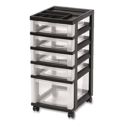 IRIS Five-Drawer Rolling Cart with Organizer Top, Plastic, 12.13 x 14.38 x 26.38, Clear/Black (IRS270015116865)