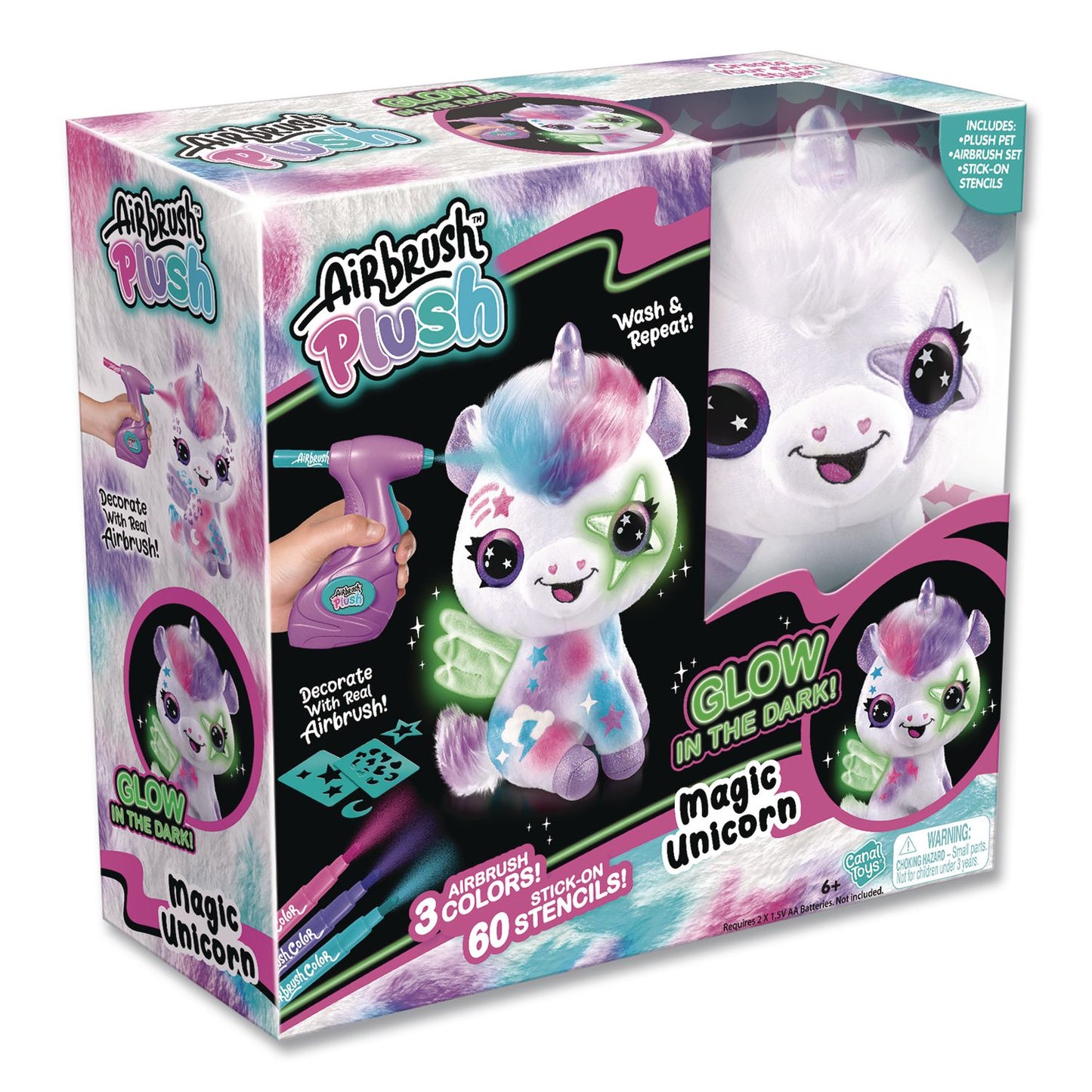 Style 4 Ever™ Airbrush Plush Glow-in-the-Dark Unicorn with Airbrush Tool, (3) Washable Ink Tubes and (60) Stick-On Stencils, Ages 6 and Up (LTP2283308)