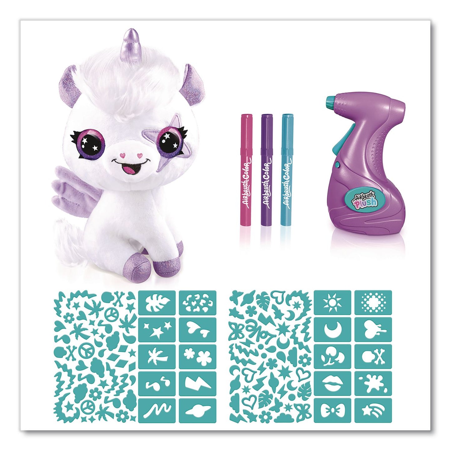 Style 4 Ever™ Airbrush Plush Glow-in-the-Dark Unicorn with Airbrush Tool, (3) Washable Ink Tubes and (60) Stick-On Stencils, Ages 6 and Up (LTP2283308)