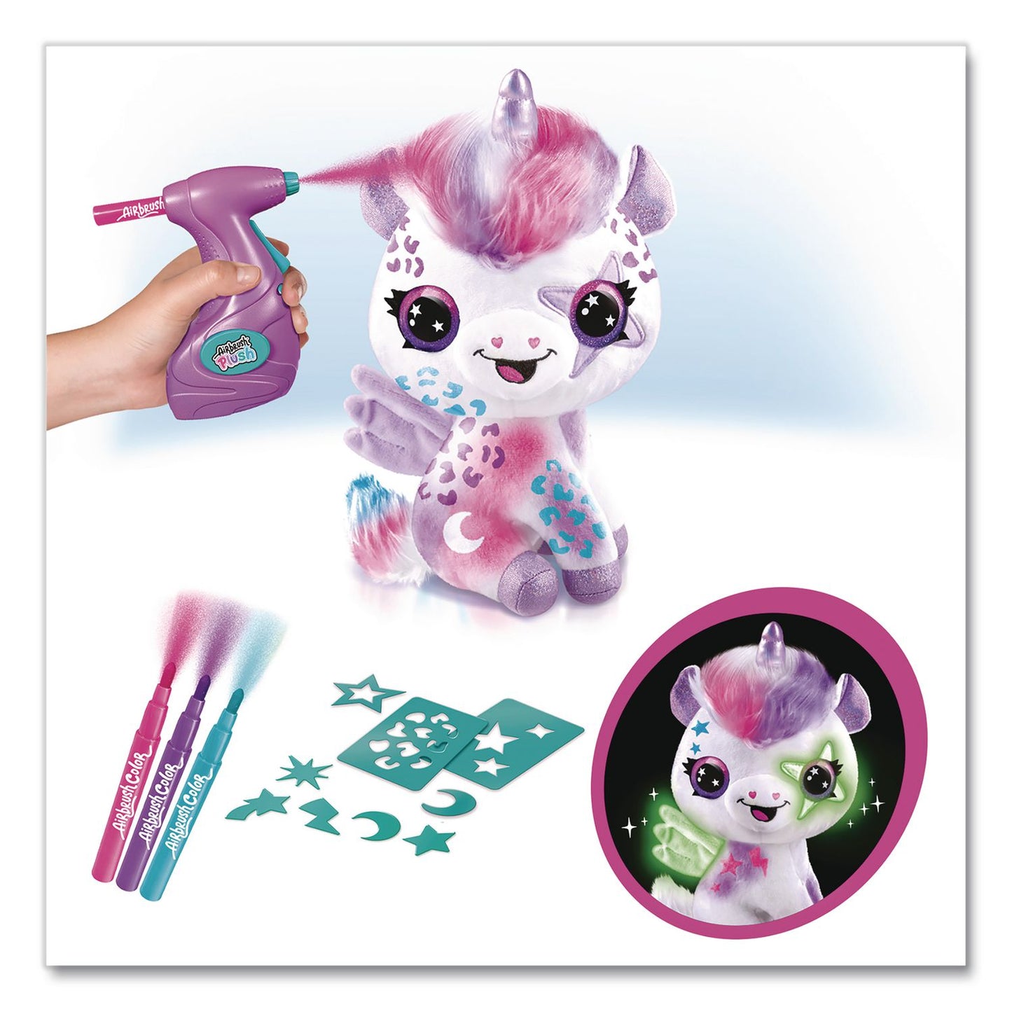Style 4 Ever™ Airbrush Plush Glow-in-the-Dark Unicorn with Airbrush Tool, (3) Washable Ink Tubes and (60) Stick-On Stencils, Ages 6 and Up (LTP2283308)
