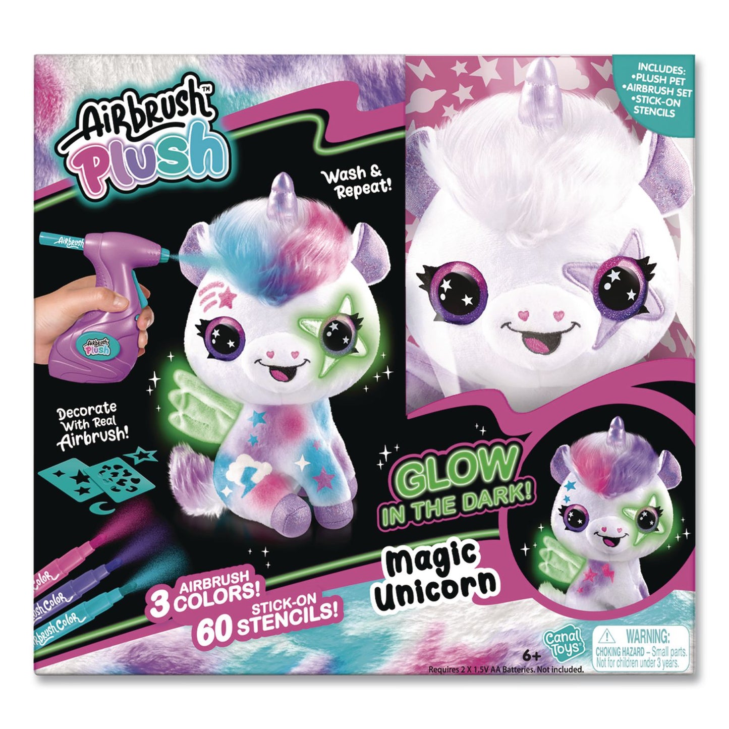 Style 4 Ever™ Airbrush Plush Glow-in-the-Dark Unicorn with Airbrush Tool, (3) Washable Ink Tubes and (60) Stick-On Stencils, Ages 6 and Up (LTP2283308)