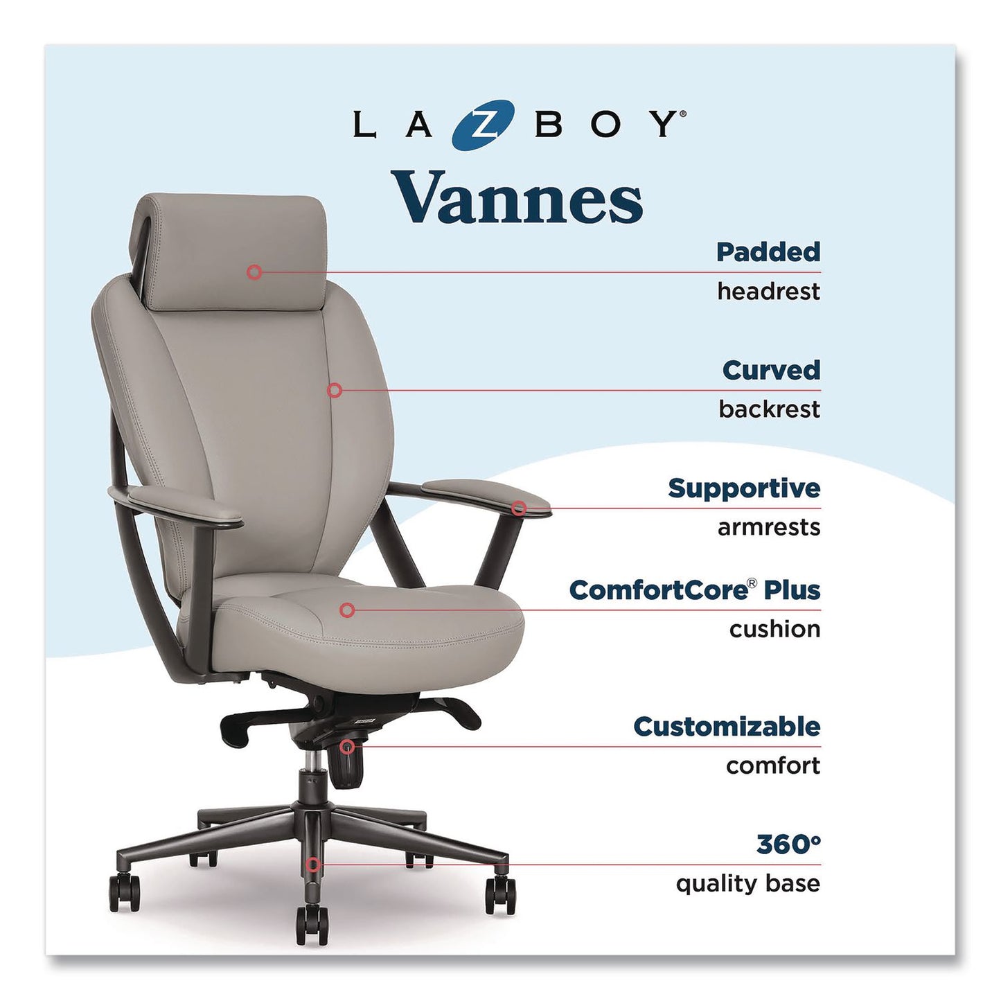 La-Z-Boy® Vannes Ergonomic Executive Chair, Supports Up to 275 lb, 20.5" to 23.5" Seat Height, Light Gray Seat and Back, Dark Gray Base (LZB60101GRY)