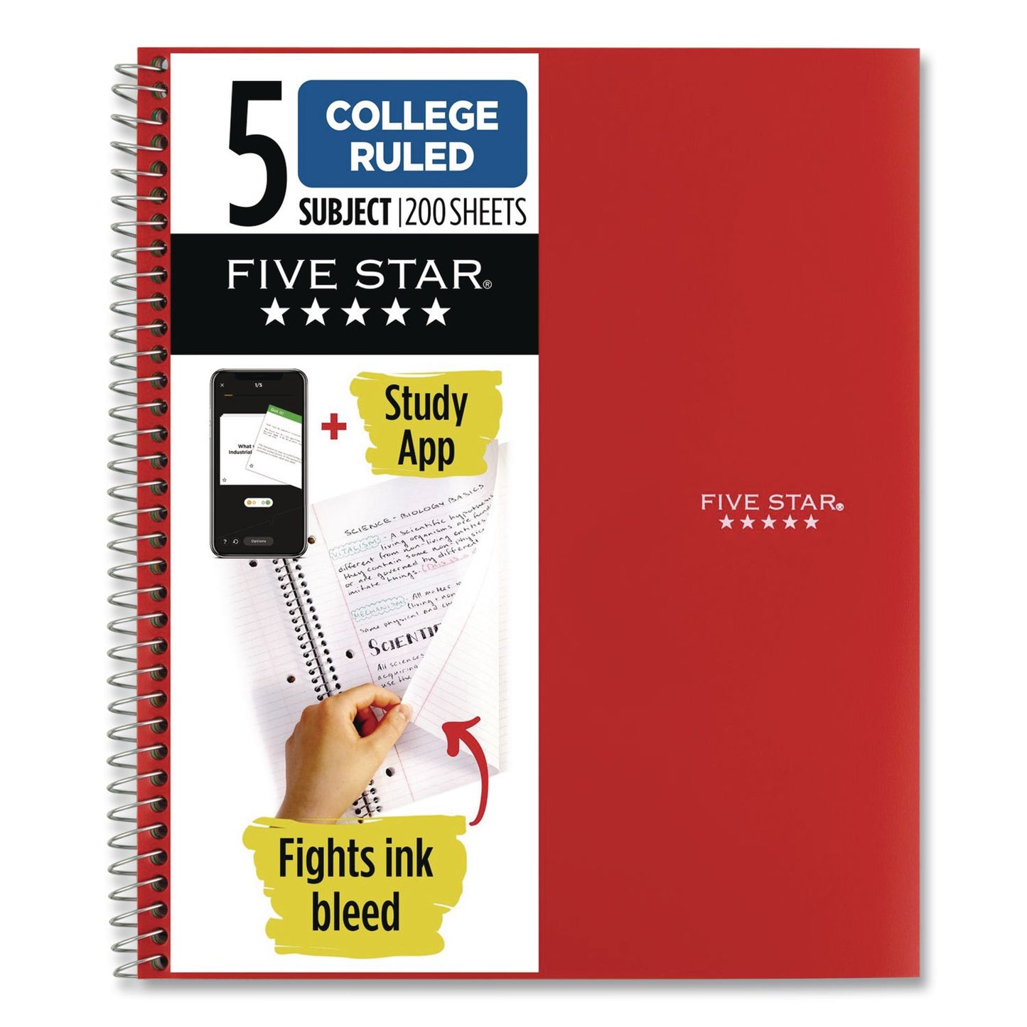 Five Star® Wirebound Notebook, 5-Subject, Medium/College Rule, Fire Red Cover, (200) 11 x 8.5 Sheets (MEA72077)