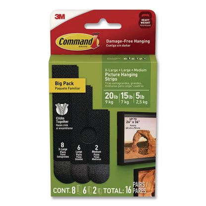 Command™ Damage-Free Hanging Picture Hanging Strip Pairs, (8) XL (0.86 x 4.37), (6) L (0.75" x 3.65"), (2) Med (0.75 x 2.75), Black (MMM17218BLK16ES)