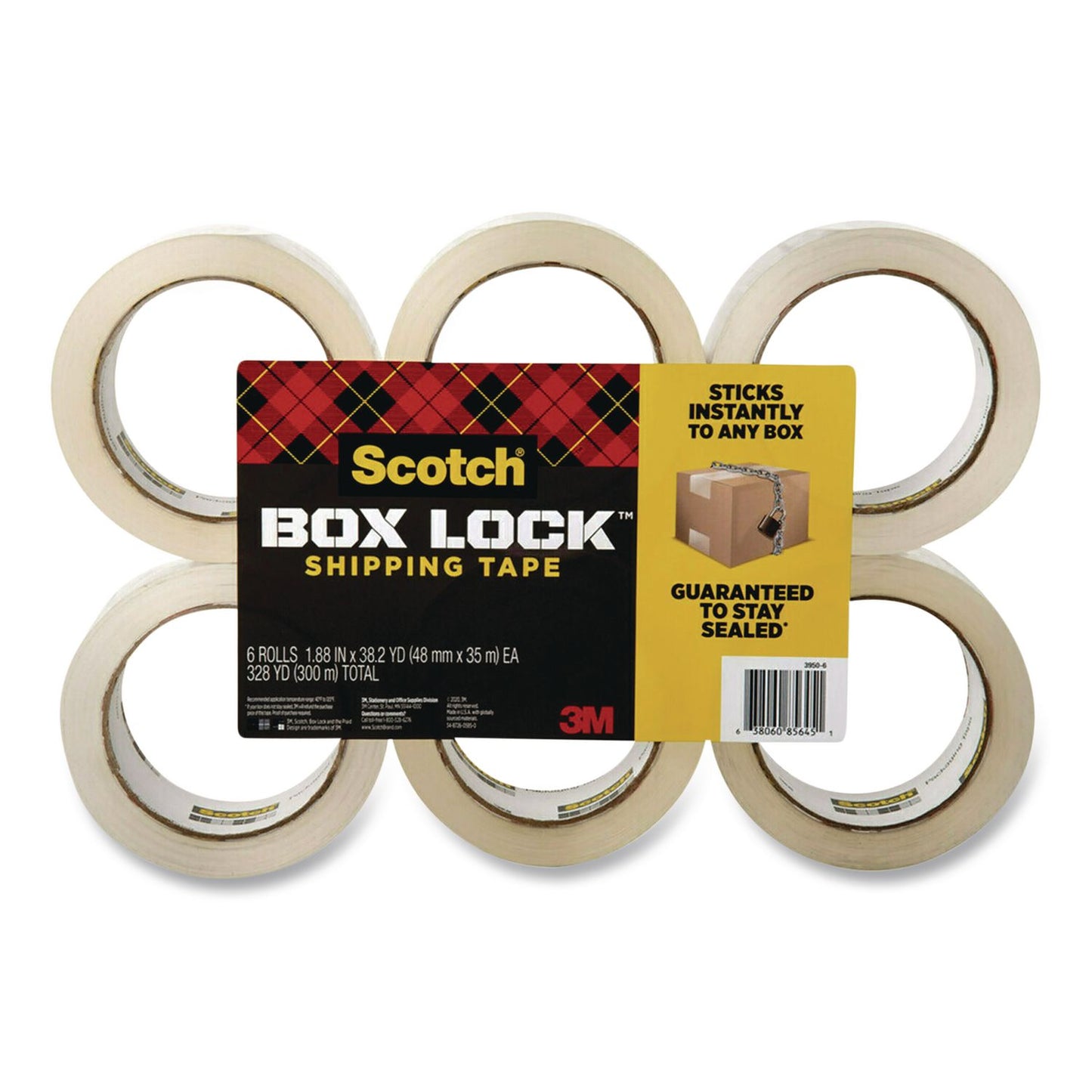 Scotch® BOX LOCK Shipping Tape, 3" Core, 1.88" x 38.2 yds, Clear, 6/Pack (MMM3950S6)