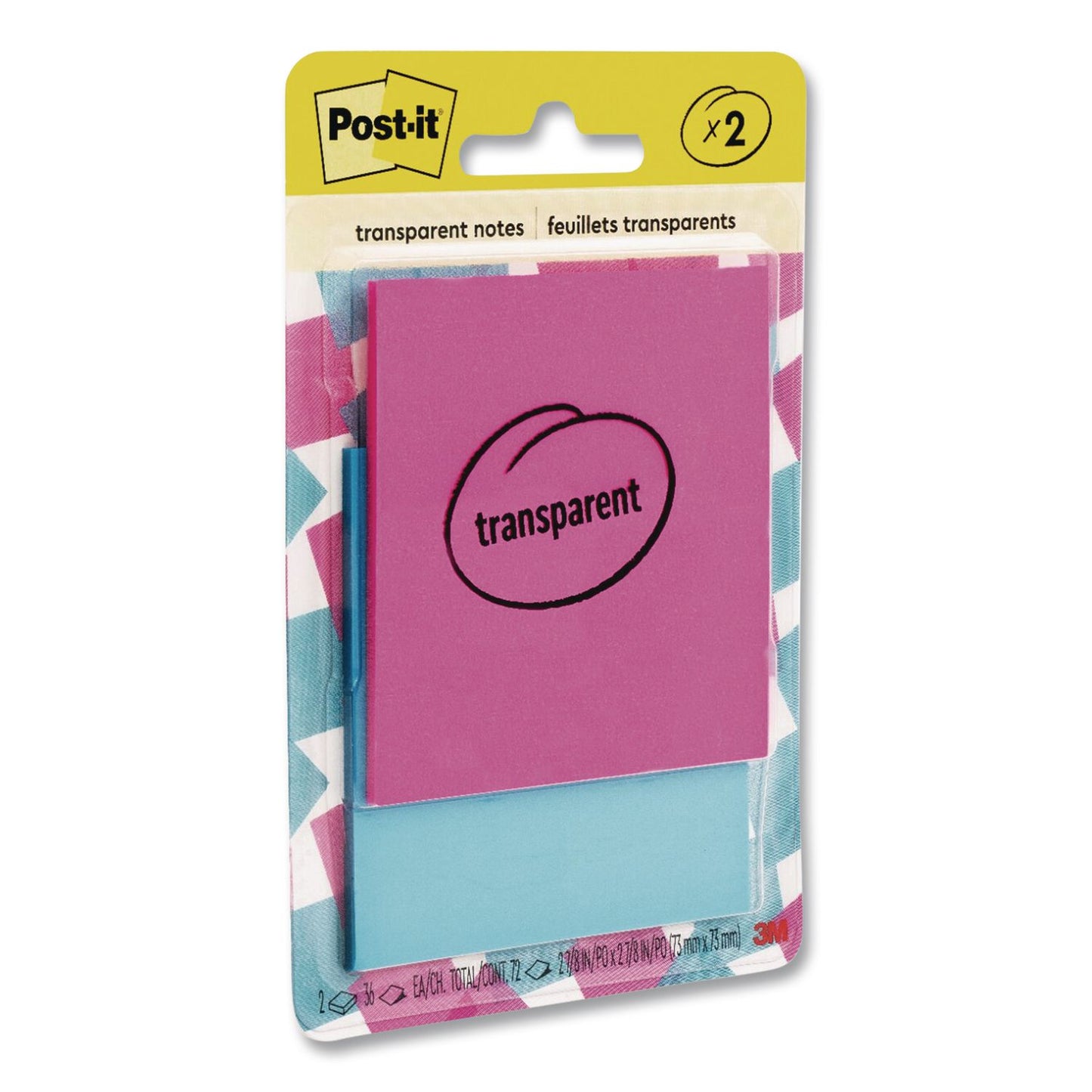 Post-it® Transparent Notes, 2.88" x 2.88", Assorted Colors, 36 Sheets/Pad, 2 Pads/Pack (MMM6002COL)